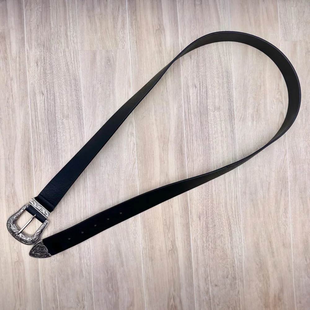Western Black Faux Leather Belt Silver Toned Boho Engraved Buckle XL 41”-45”